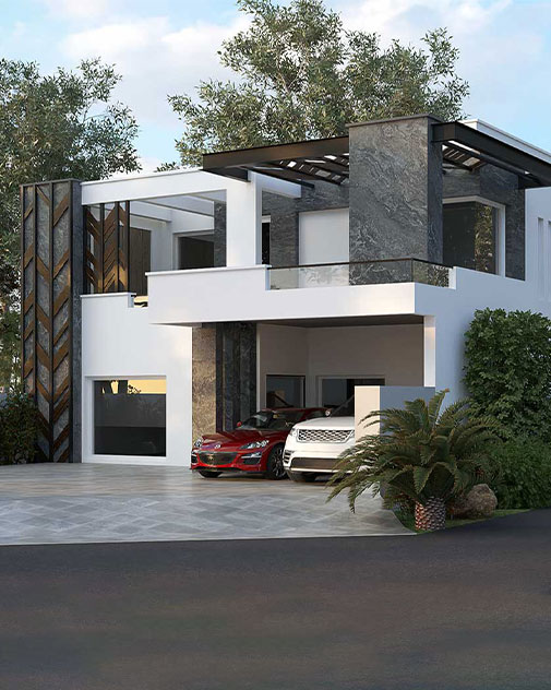Modern house design in 3D, showcasing a stylish exterior and dedicated car parking space.