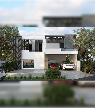 3D rendering of modern house with car and landscaped front yard.