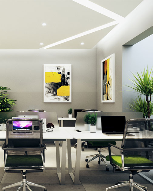 A modern office featuring a desk and chairs, designed for a Colour Consultant's workspace.